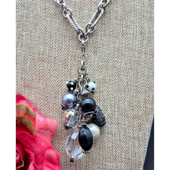 Silver Tone Toggle Necklace Textured Link Multi Beaded Pendant Dangle Tassel 20" - Picture 4 of 10